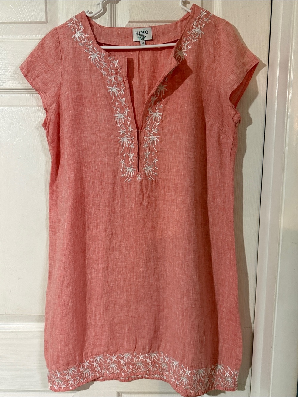 Hiho Coral Embroidered 100% Linen Tunic Dress